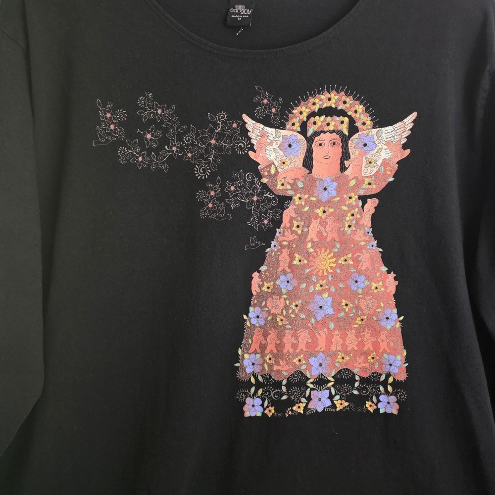 Sabaku Artwear Black Tunic Angel w/ Floral & Fetish. Lagenlook Art To Wear Sz 1X - Picture 2 of 10